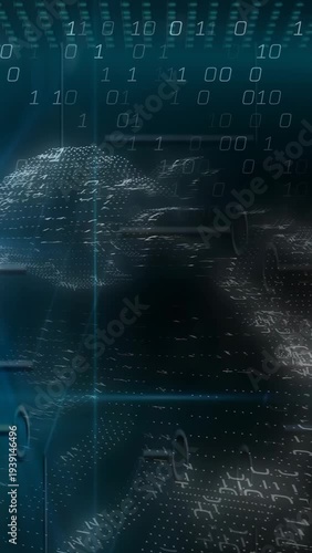 Vertical video: Teal band appearing, point-cloud cresting, binary grid filling for data tech demo