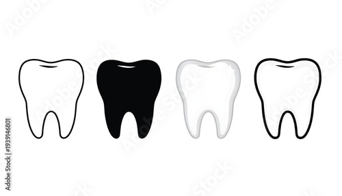 Tooth icons in black outline, solid black, white glossy, and white outline styles representing dental health concepts