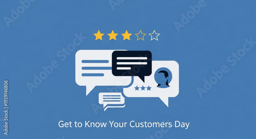 Get to know your customers day concept with chat bubbles and rating stars on blue background
