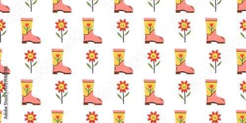 Vector spring gardening seamless pattern with cute pink rain boots with tulip flowers and flowers on white background. Playful print for cheerful kids textile, nursery wallpaper, wrapping paper.