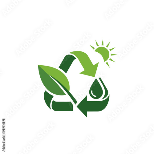 Green recycling symbol with leaf, water drop, and sun