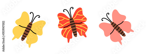 Vector set of cute colorful butterfly characters. Playful spring insect illustration collection with yellow, orange and pink winged butterfly for kids design, sticker, card, poster and branding.