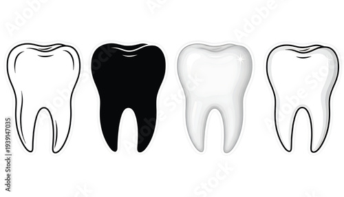 Teeth healthy and decayed illustrations with black, white, and shiny variations depicted side-by-side on a white background.