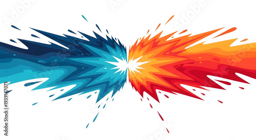 Vibrant abstract explosion where contrasting hot and cold elements spectacularly collide with dynamic force