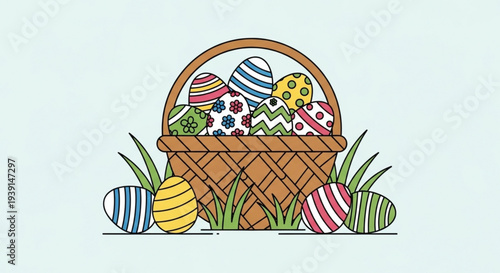 Colorful easter eggs in a wicker basket with grass and decorative patterns on a light background