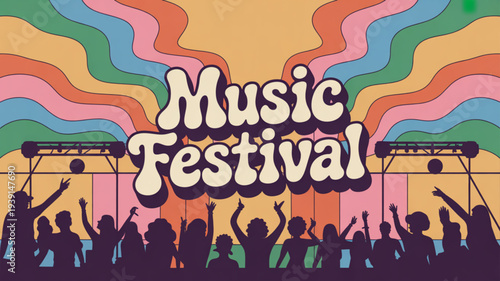 Vibrant music festival poster with silhouetted crowd and colorful wavy lines perfect for event promotion and advertising