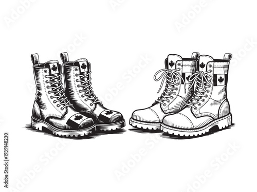 Two pairs of black and white combat boots with canadian flags military boots footwear