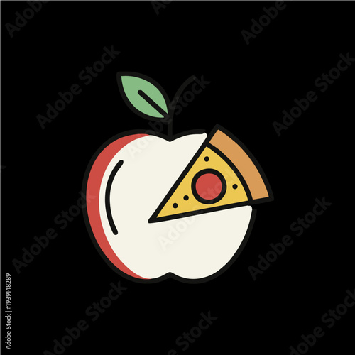 Stylized illustration of a white apple with a slice of pizza replacing a section, symbolizing food choices or a blend of healthy and unhealthy eating.