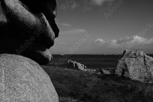 Quadro su tela Texture de rochers au soleil en noir et blanc à Kerlouan dans le Finistère en Br