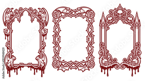 Gothic horror frame set with gargoyles, roses, thorns, skulls, blood drips, gothic arches, and bat wings