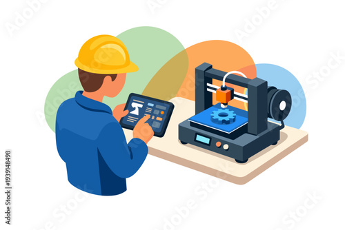 Engineer operating 3D printer using tablet device technology.