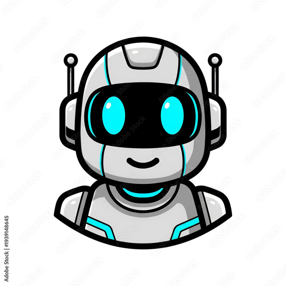 Fototapeta premium Charming robotic assistant cartoon character representing smart artificial intelligence technology mascot for mobile apps user interface icons and futuristic branding