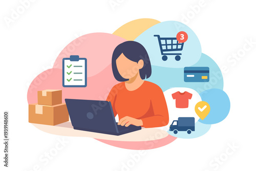 Woman shopping online using laptop with delivery icons.