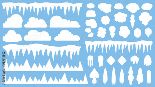Stylized collection of clouds icicles and snowdrifts in white