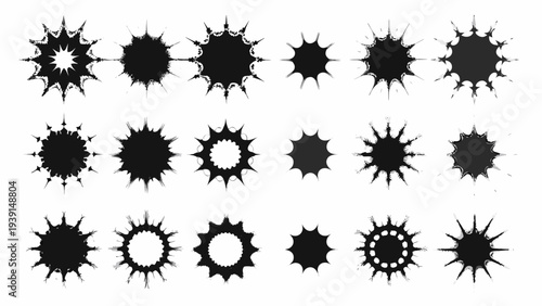 Collection of abstract black splatter shapes resembling bullet holes
