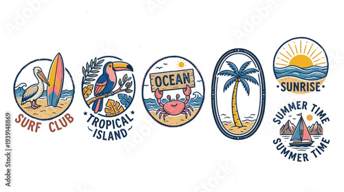 Tropical beach badges collection in vibrant line style, surf club, pelican, toucan, crab, palm tree, and sunrise
