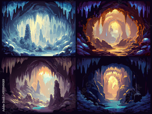 A collection of four digitally painted cave concept art pieces