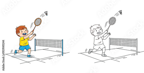 Cartoon boy playing badminton, hitting shuttlecock with racket over net. Colorful illustration and black and white coloring page outline vector.