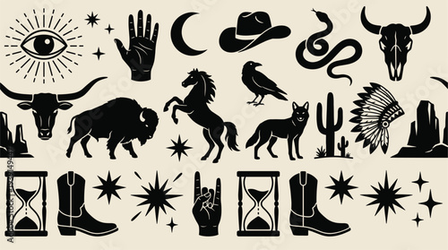 Western mystic elements collection in bold line art, skulls, animals, cowboy hats, boots, stars, and feathers