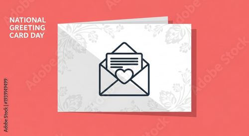National greeting card day illustration with heart envelope on coral background