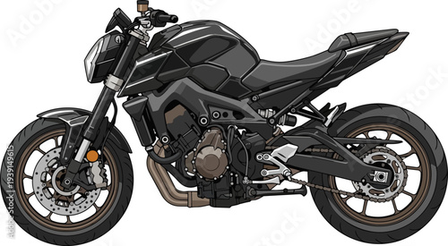 A sleek black motorcycle viewed from the side, showcasing its design and features in a clear and detailed manner, set against a plain background.