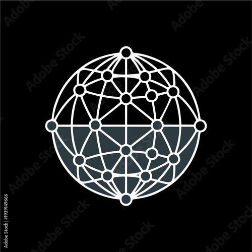 Stylized digital globe network illustration with interconnected nodes and lines on a black background.