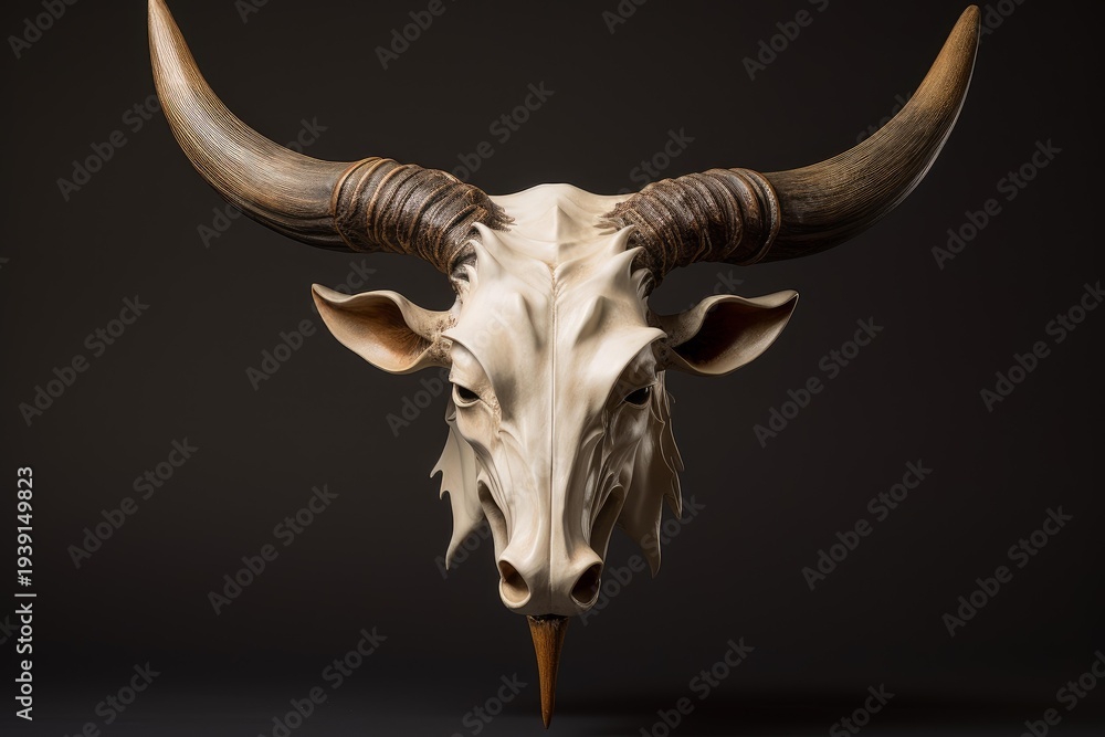Fototapeta premium Sculpted animal skull with large horns against a shadowy backdrop, conveying danger