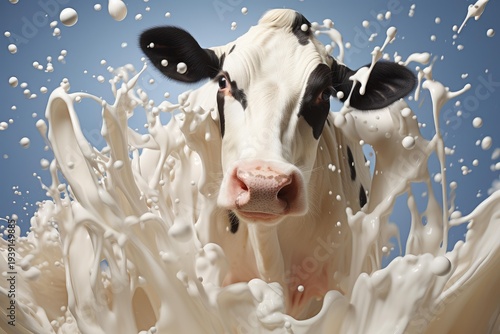 Holstein cow head and shoulders in a dynamic splash of fresh white milk