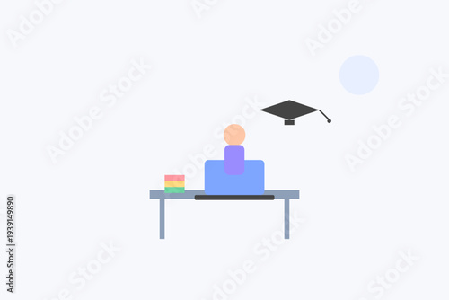Online education concept vector illustration with student learning on laptop and graduation cap