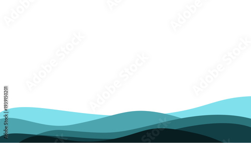 Stylized illustration of layered hills and mountains in shades of blue and green