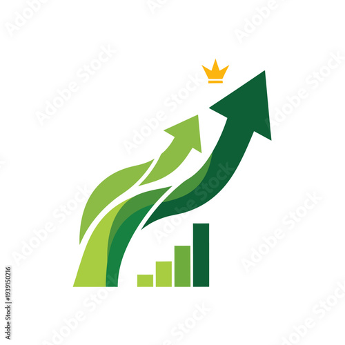 Upward arrows and bar chart with crown representing business growth