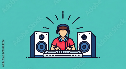 Young man wearing headphones djing with speakers and mixer on a turquoise background creating music with a lively atmosphere