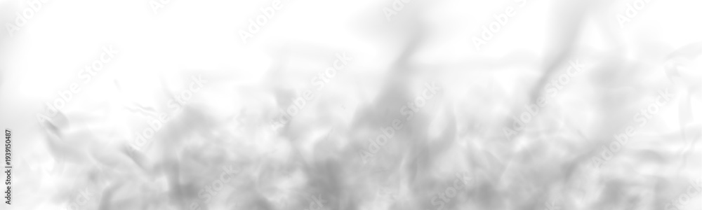 Naklejka premium Mist flows across cloud, fog shapes in vapor air. Grey smoke curls slowly with smoky texture, rising steam. Storm, thunder and fire burning flame create realistic atmospheric phenomena. PNG vector.