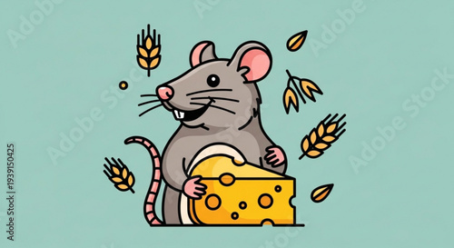 Smiling mouse holds cheese wheel with wheat grains floating around on green background