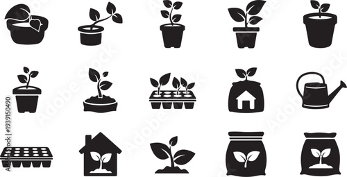 Gardening icons set with plants and tools illustrations