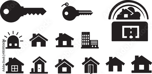 Black and white house and key icons on white