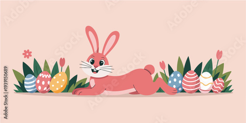 Cute Pink Easter Bunny with Decorated Eggs and Spring Flowers Vector