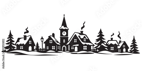 Frosty Village Skyline Silhouette, Silhouette Vector, Isolated on White Background
