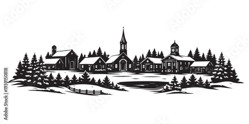 Winter Skyline Silhouette, Silhouette Vector, Isolated on White Background