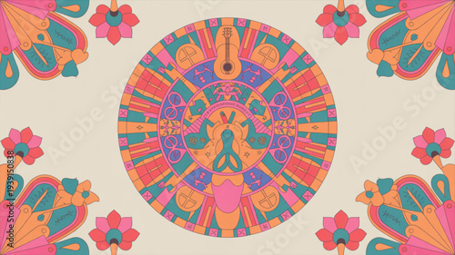 Vibrant psychedelic mandala design with floral patterns on beige background colorful abstract art