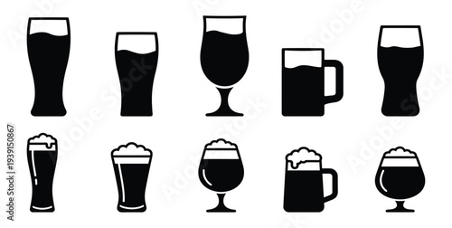 Alcoholic beverage glasses set different shapes beer pint tulip mug icon black white