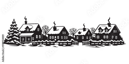 Snow Covered Neighborhood Silhouette, Silhouette Vector, Isolated on White Background