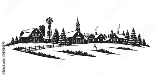 Winter Countryside Town Silhouette, Silhouette Vector, Isolated on White Background