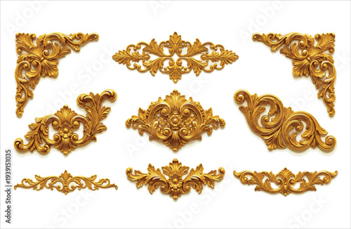 Ornament Golden Decorative Elements in Baroque and Rococo Styles, Elegant Flourishes for Vector Design Illustration.