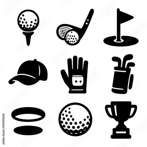 A collection of golf icons on a black background
