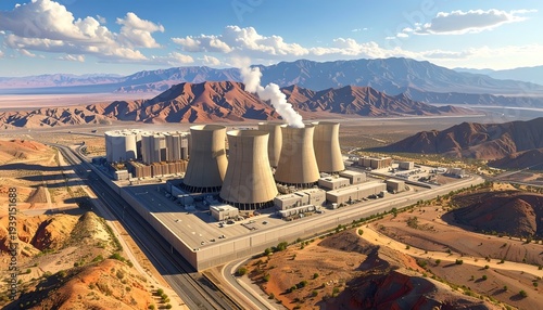 Industrial power plant with cooling towers in a dry, mountainous landscape