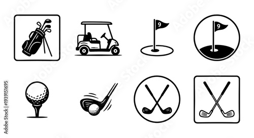 A collection of golf icons on a black background