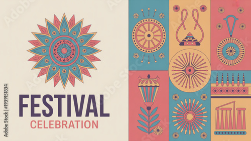 Vibrant festival celebration design with colorful mandalas and cultural symbols for events and parties