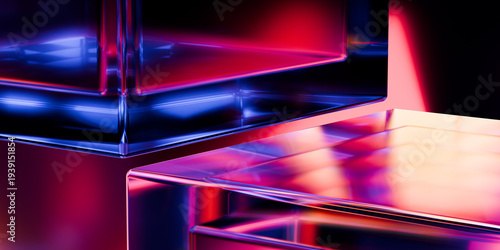 Cyber elements made of transparent glass and liquid acrylic purple blue glow on black backdrop cinematic tech background design cover art visuals 3d rendering