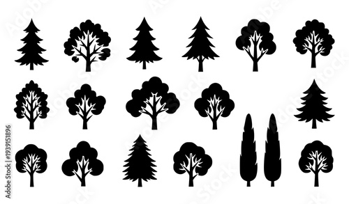 Stylized forest tree silhouettes vector set natural woodland shapes isolated on white